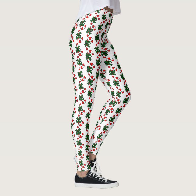 Weihnachtscreme-Muster mit grünen Bögen Leggings (Rechts)