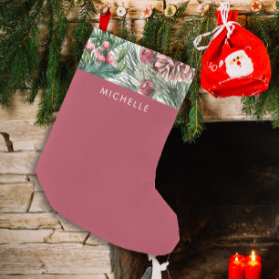 Weihnachtscreme Rot-Holly-Berries-Kiefer Kleiner Weihnachtsstrumpf