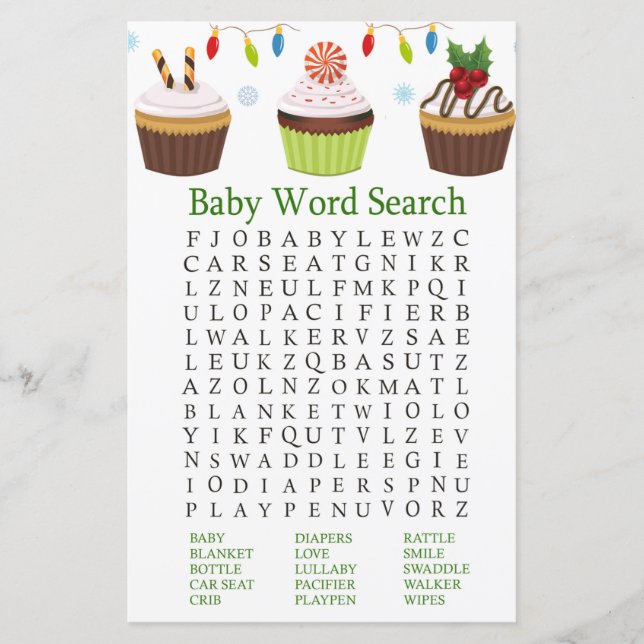 Weihnachtscupcakes Kinderdusche Word Search Spiel (Vorderseite)