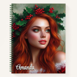 Weihnachtsdame mit Stechpalmenblättern Spiralblock Notizbuch