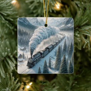 Weihnachtsdampflokomotive in einem Bergtal Keramikornament