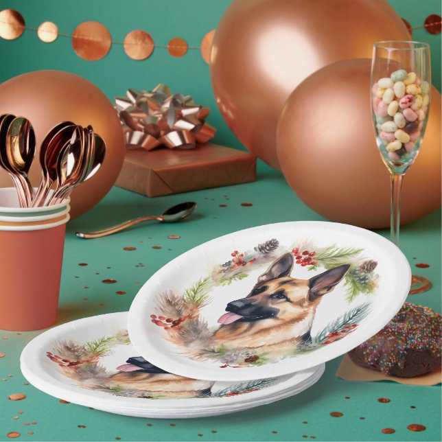 Weihnachtsdeko mit Deutschem Schäferhund Festliche Pappteller (Multi)
