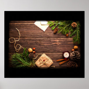 Weihnachtsdekoration mit Holz und Kiefer Poster