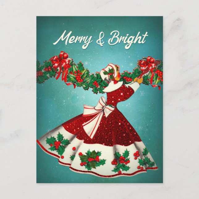 Weihnachtsdekoration Roter Glitzer Mädchen Postkarte (Vorderseite)