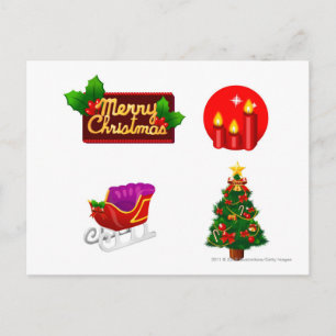 Weihnachtsdekorationen gegen weißen Hintergrund Feiertagspostkarte