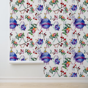 Weihnachtsdekorationen in Aquarellen Blau Rot Tapete