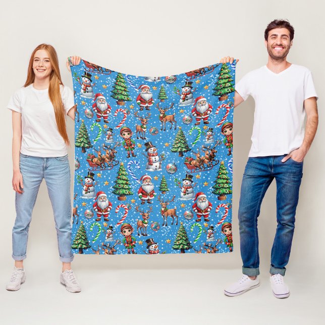 Weihnachtsdekorationsmuster mit blauem Hintergrund Fleecedecke (Von Creator hochgeladen)