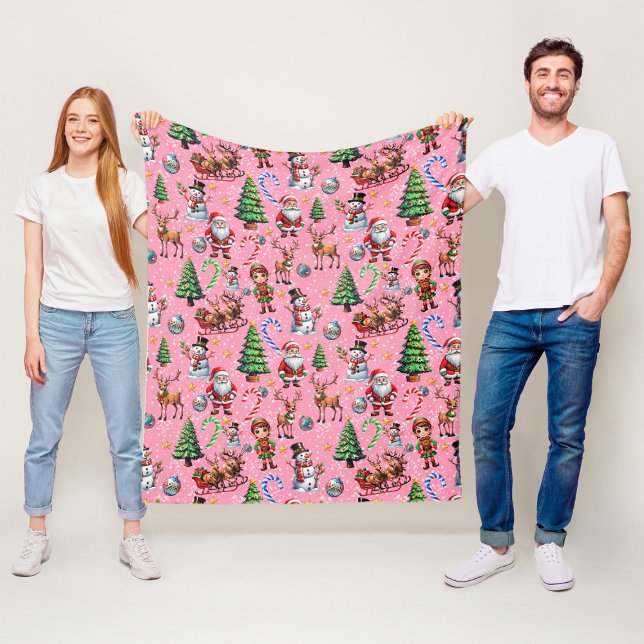 Weihnachtsdekorationsmuster mit rosa Hintergrund Fleecedecke (Von Creator hochgeladen)