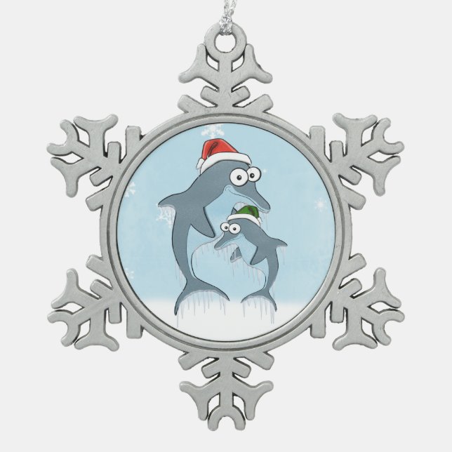Weihnachtsdelphine Schneeflocken Zinn-Ornament (Vorderseite)