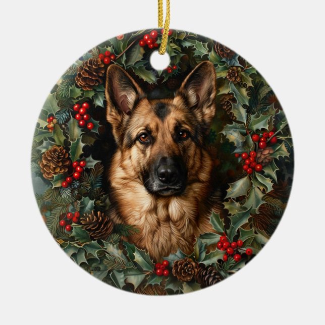 Weihnachtsdeutscher Schäferhund Keramik Ornament (Vorne)