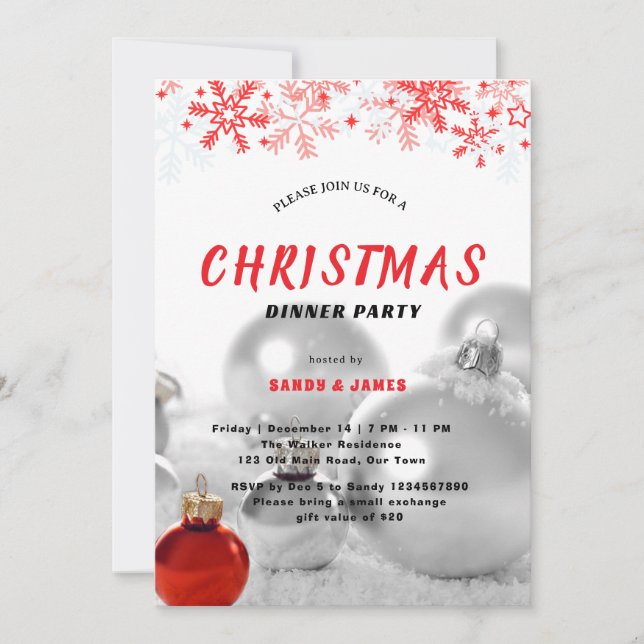 Weihnachtsdinnerparty Silber Rot Baubles  Einladung (Vorderseite)
