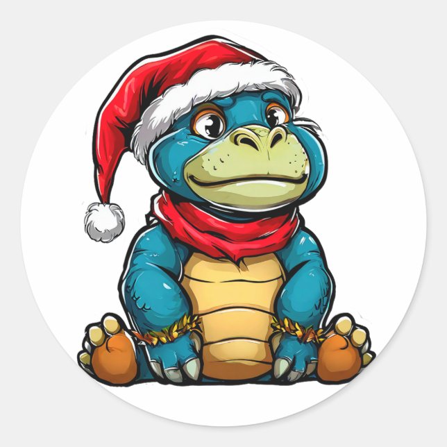 Weihnachtsdinosaurier Cartoon Runder Aufkleber (Vorderseite)