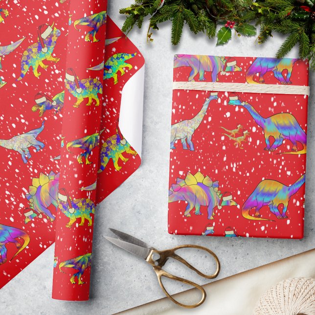 Weihnachtsdinosaurier mit Weihnachtsmannmützen Mus Geschenkpapier (Christmas dinosaurs wearing Santa hats pattern red holiday wrapping paper)