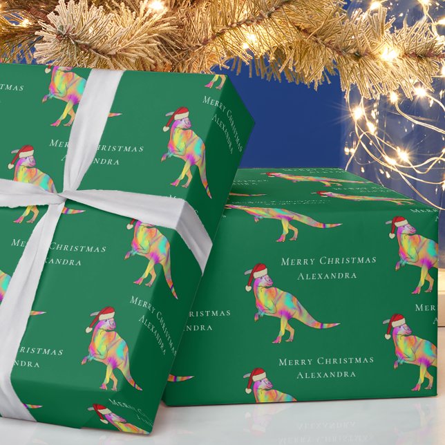 Weihnachtsdinosaurier Personalisierter Mädchenname Geschenkpapier (Personalized girl name merry Christmas dinosaur cute parasaurolophus green wrapping paper)