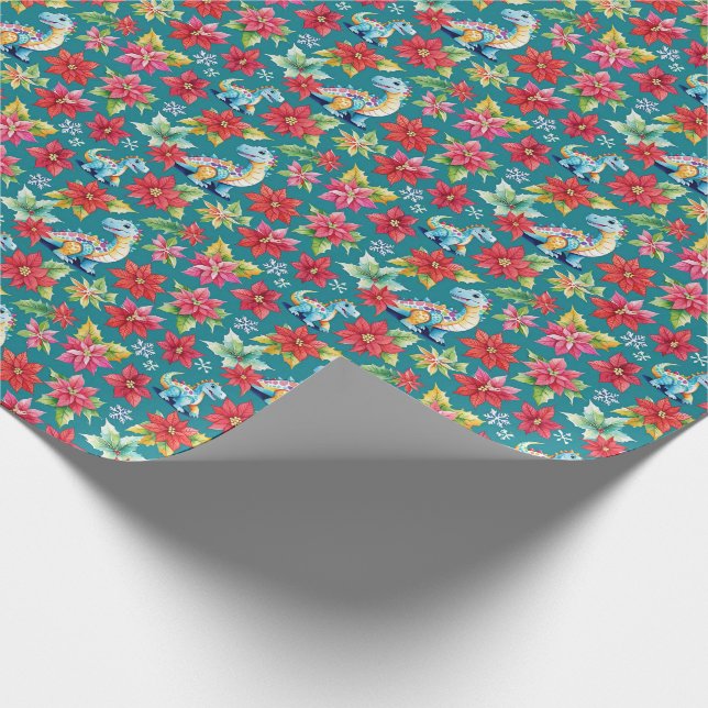 Weihnachtsdinosaurier & Poinsettias Geschenkpapier (Ecke)