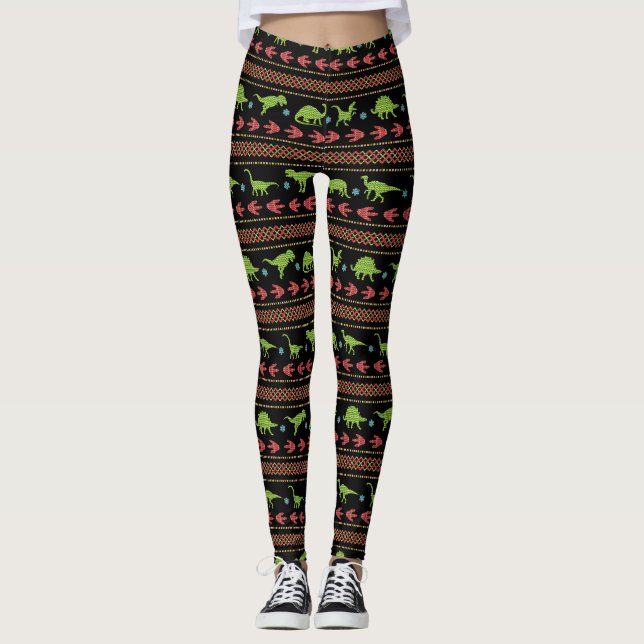 Weihnachtsdinosaurier-Strick gestickte angemessene Leggings (Vorderseite)