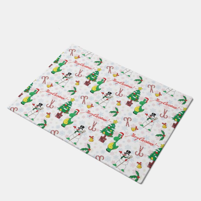 Weihnachtsdinosaurier und Schneemann Fußmatte (Schrägansicht)