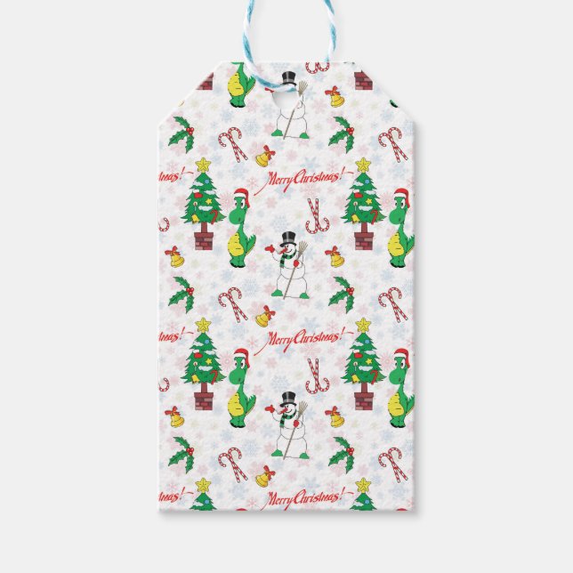 Weihnachtsdinosaurier und Schneemann Geschenkanhänger (Vorderseite)