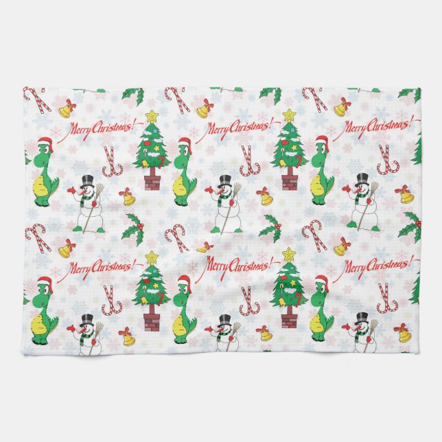 Weihnachtsdinosaurier und Schneemann Geschirrtuch (Horizontal)