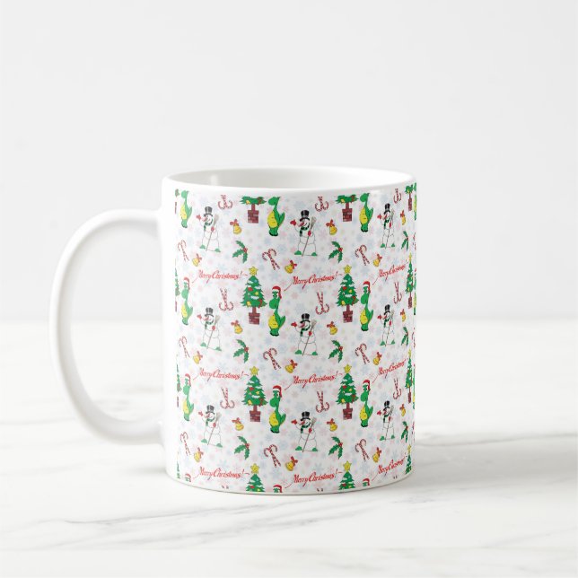Weihnachtsdinosaurier und Schneemann Kaffeetasse (Links)