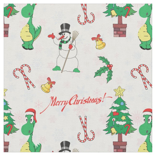 Weihnachtsdinosaurier und Schneemann Stoff (Nahaufnahme)