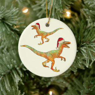 Weihnachtsdinosaurier Velociraptor santa Keramik Ornament