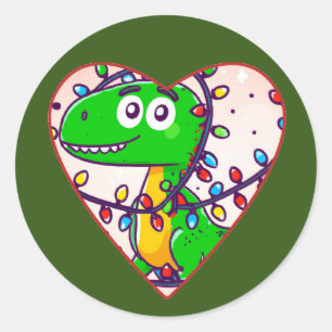 Weihnachtsdinosaurier verpackt in Lichter Cartoon Runder Aufkleber