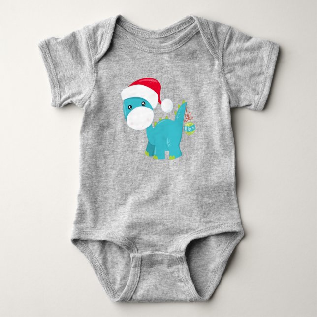 Weihnachtsdinosaurier, Weihnachtsmannmütze, Dino,  Baby Strampler (Vorderseite)