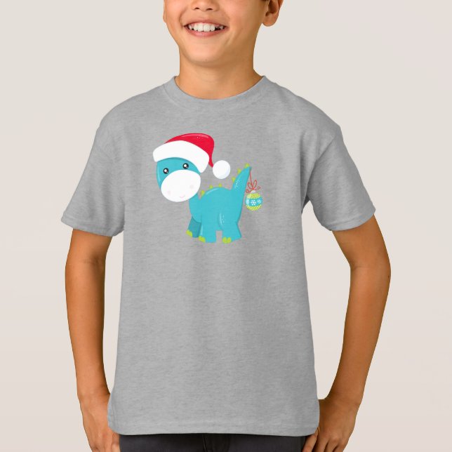 Weihnachtsdinosaurier, Weihnachtsmannmütze, Dino,  T-Shirt (Vorderseite)