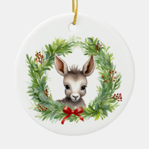 WeihnachtsDonkey mit Weihnachtskranz Keramik Ornament