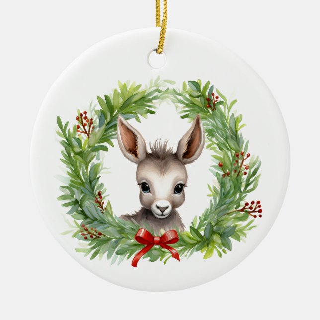 WeihnachtsDonkey mit Weihnachtskranz Keramik Ornament (Vorne)