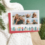 Weihnachtsdorf | 5 FotoCollage Feiertagskarte<br><div class="desc">Eine süße und festliche Urlaubskarte mit 5 quadratischen Fotos in einer Collage-Anordnung,  mit einem illustrierten unteren Rand von handgezeichneten Häusern und Bäumen in Ferienfarben. "Frohe Weihnachten" oder Ihre Auswahl an Gruß erscheint unter Ihren Fotos,  zusammen mit Ihrem Familiennamen und dem Jahr.</div>