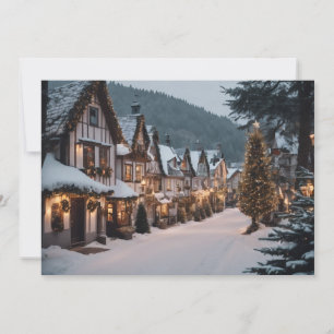 Weihnachtsdorf auf einer schneebedeckten Nacht Feiertagskarte