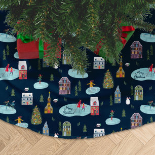Weihnachtsdorf Blaues Muster 'Frohe Weihnachten' Polyester Weihnachtsbaumdecke