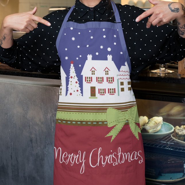Weihnachtsdorf Frohe Weihnachten Roter Schnee Wint Schürze (Festive Christmas Chef Apron)