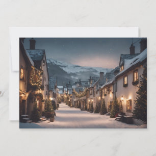 Weihnachtsdorf im Schnee bei Nacht Feiertagskarte