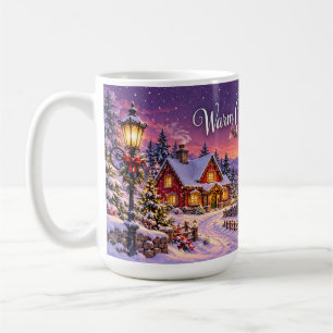 Weihnachtsdorf im Schnee bei Sonnenuntergang Kaffeetasse