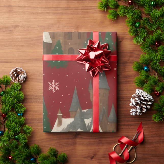 Weihnachtsdorf | Rot mit schneebedeckten Häusern u Geschenkpapier (Feiertagsgeschenk)