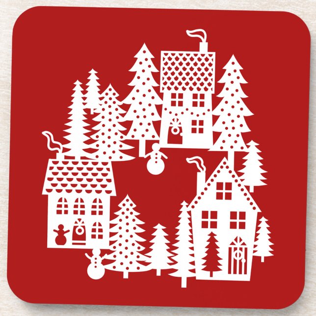 Weihnachtsdorf rot und weiß getränkeuntersetzer (Christmas Village red and white  festive drinks coaster)