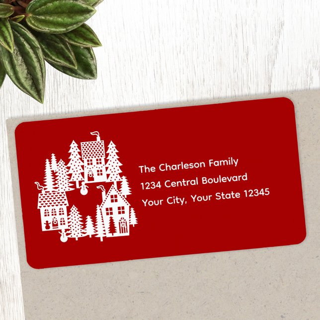 Weihnachtsdorf Rot und Weiß Rücksendeadresse Adressaufkleber (Festive red and white Christmas Village personalized return address labels)