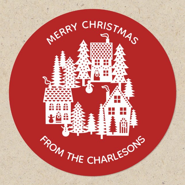 Weihnachtsdorf rot und weiß runder aufkleber (Red and white festive Christmas Village papercut scene personalized sticker)