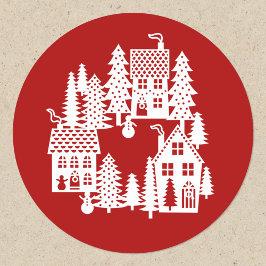 Weihnachtsdorf rot und weiß runder aufkleber
