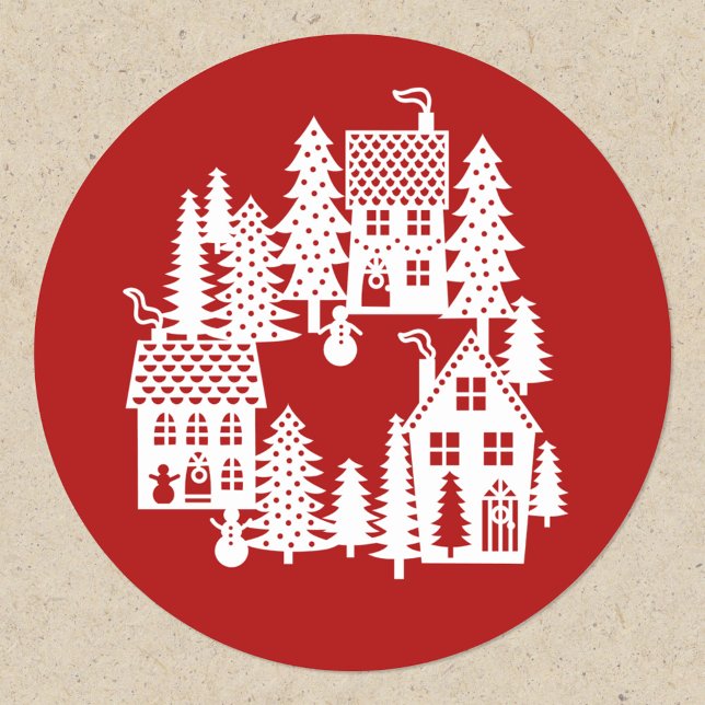 Weihnachtsdorf rot und weiß runder aufkleber (Red and white festive Christmas Village stickers)
