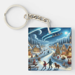 Weihnachtsdorf Snowy Scene Malerei Schlüsselanhänger