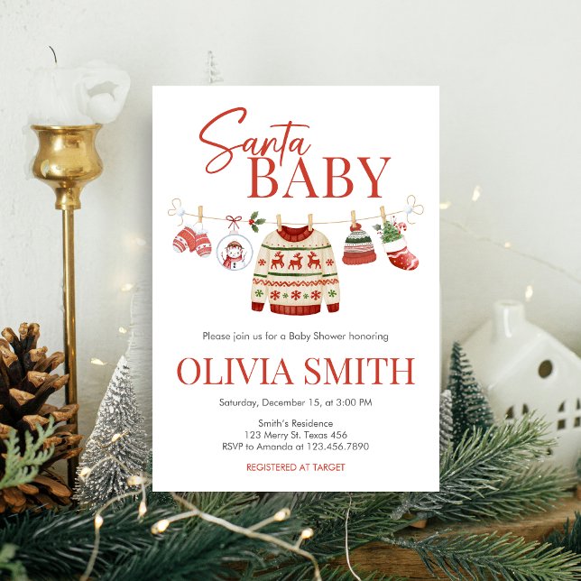 Weihnachtsdusche Einladung (Christmas Santa Baby Clothesline Baby Shower Invitation)