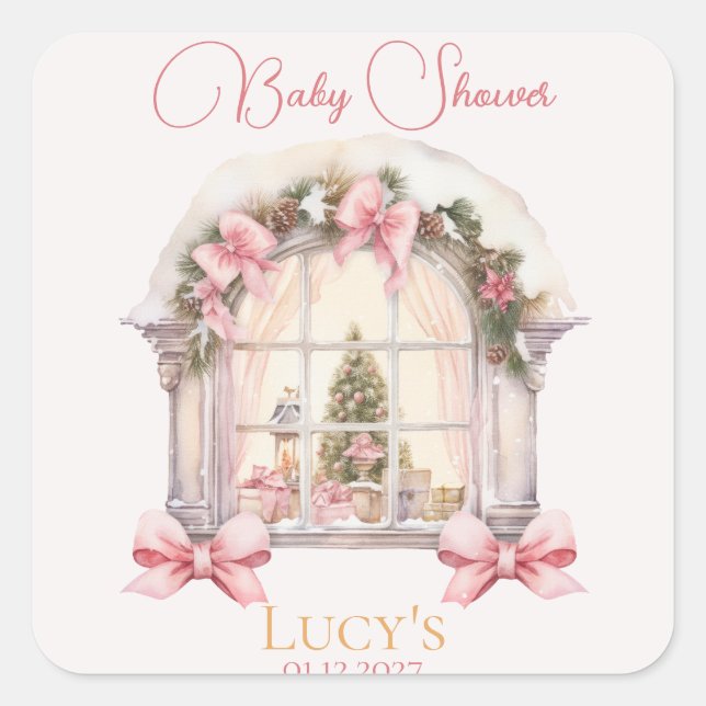 Weihnachtsdusche Pink Nutcracker Wasserfarbe Quadratischer Aufkleber (Vorderseite)