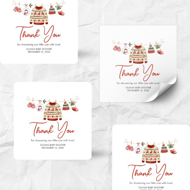 Weihnachtsdusche Quadratischer Aufkleber (Christmas Santa Baby Clothesline Baby Shower Sticker)