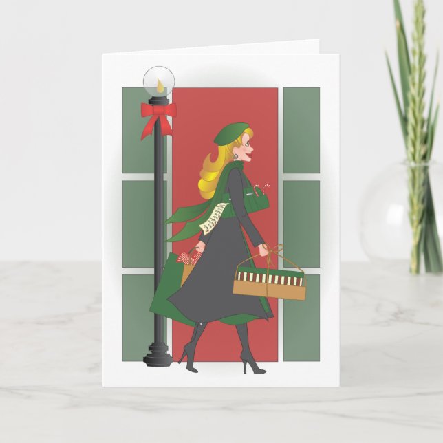 Weihnachtseinkaufen in der Stadt Feiertagskarte (Vorderseite)