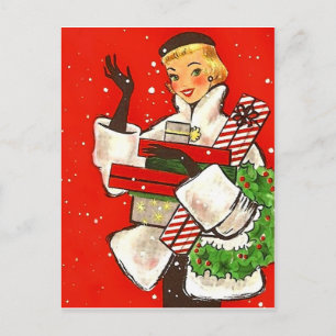 Weihnachtseinkaufsmädchen, vintage Feiertagsgruß Postkarte