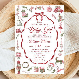Weihnachtseinladung zur Babyparty mit roter Schlei Einladung